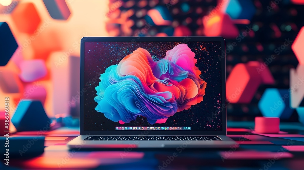 Poster laptop screen displaying creative digital design with colorful abstract shapes