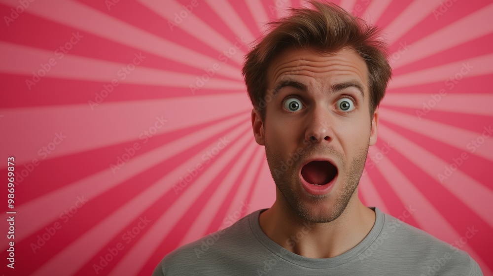Poster man with a beard and mustache is smiling and has his mouth open. he is wearing a gray shirt. a man w