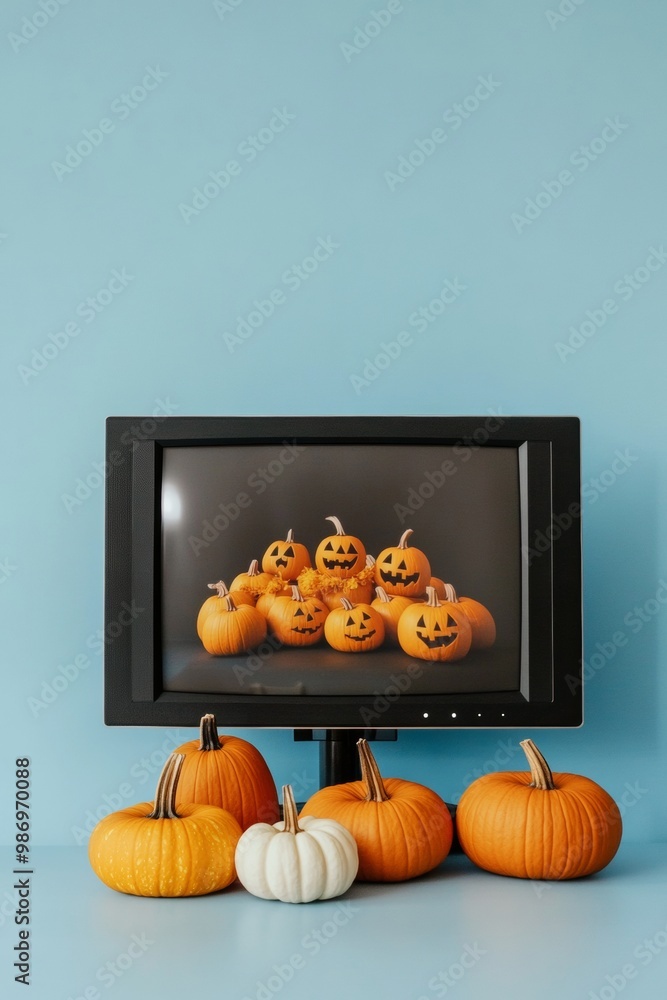 Poster minimalist halloween scene with pumpkins on a computer monitor display and mirrored real pumpkins