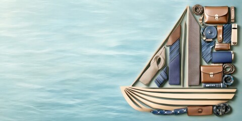 Obraz premium Minimalist Business Sailboat Concept - Nautical Office Fusion with Ties and Briefcases on Blue Sea Background