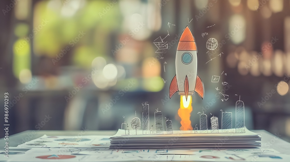 Poster launching a startup idea:abstract rocket soaring from a sketch on paper