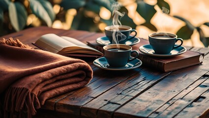 hot black coffee on a brown wooden table, with a saucer and a book beside it
