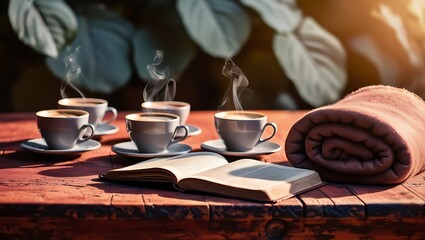 hot black coffee on a brown wooden table, with a saucer and a book beside it