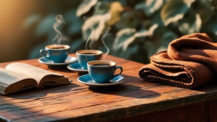 hot black coffee on a brown wooden table, with a saucer and a book beside it