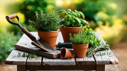 Gardening tools and flowers in a spring garden with potted plants and herbs