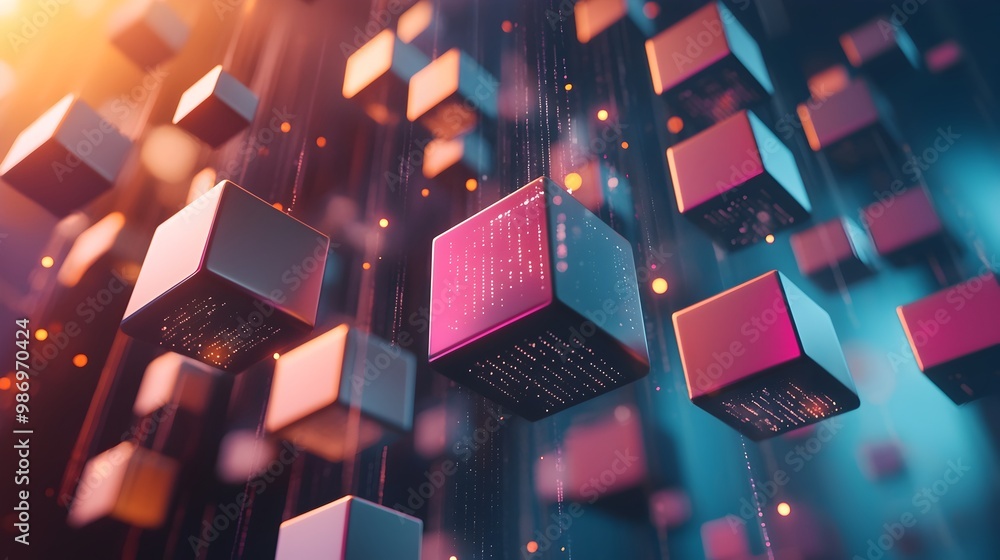 Poster floating 3d cubes and graphs representing innovative business data creativity