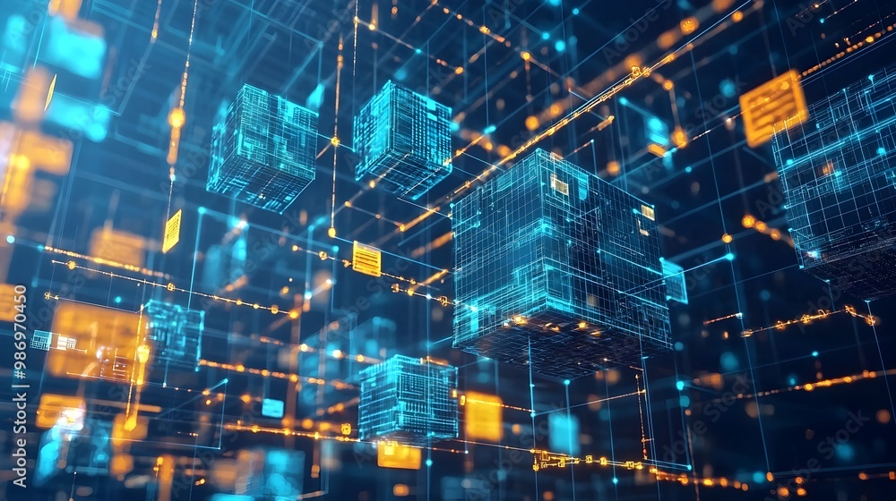 Aufkleber floating 3d data cubes and graphs representing innovative business strategy