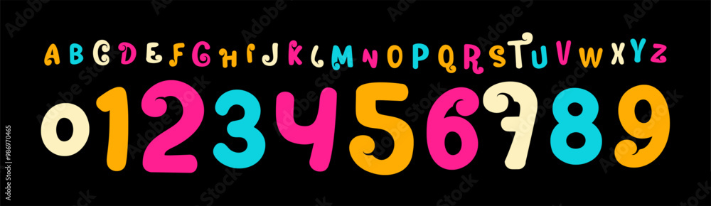 Poster whimsical font with playful curves and bright bold colors, numbers and letters for child festive, ho
