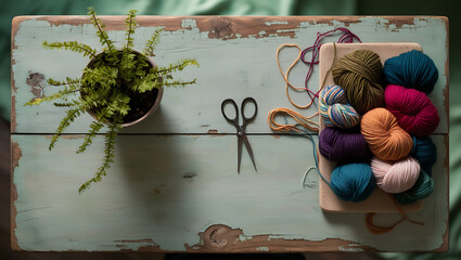 An overhead view of a rustic wooden table displays a handmade craft project with yarn, scissors, and a small potted plant. The green, leafy background remains softly out of focus.
