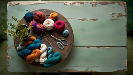 An overhead view of a rustic wooden table displays a handmade craft project with yarn, scissors, and a small potted plant. The green, leafy background remains softly out of focus.