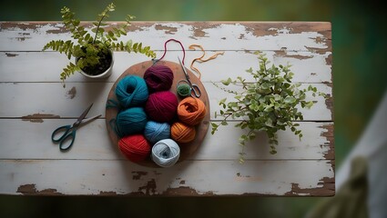 An overhead view of a rustic wooden table displays a handmade craft project with yarn, scissors, and a small potted plant. The green, leafy background remains softly out of focus.