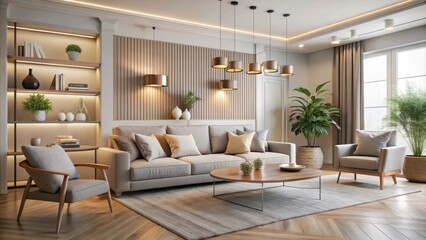 Fototapeta premium Stylish interior of a modern living room with light walls, featuring elegant furniture and decor