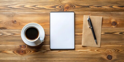 A modern workspace with paper, pen, coffee, and phone on a wooden table