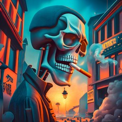 Obraz premium : A skeleton in a suit smoking a cigarette, surrounded by swirling smoke in a stylized design. 