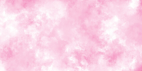 Paint leaks and ombre effects hand painted cloudy pink paper texture, Soft smeared aquarelle painted pink texture, Abstract pink sky background and white clouds on pink canvas.