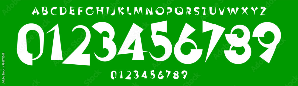 Poster quirky font, irregular shapes of numbers and letters, bold playful lively alphabet for eye-catching 