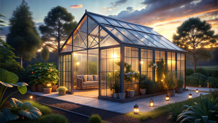 Obraz premium Charming glass greenhouse with cozy seating and illuminated plants during twilight hours