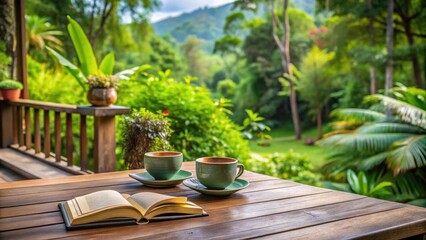 A serene scene at home with a book and two ceramic coffee cups on a wooden terrace, surrounded by lush greenery in Asia