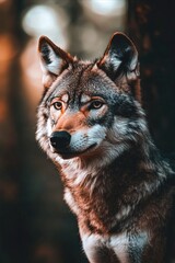 Fototapeta premium A close up of a wolf standing in the woods