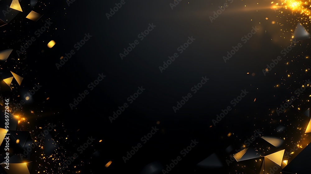 Aufkleber abstract black background with gold geometric shapes and sparkles.