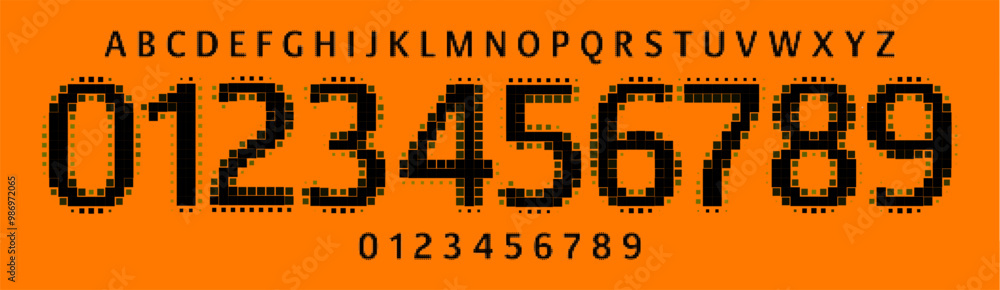 Aufkleber Retro pixelated font, nostalgic arcade style numbers and letters with digital contours for tech graphics, gaming sports branding, jersey numbers, team merchandise. Vector typeset