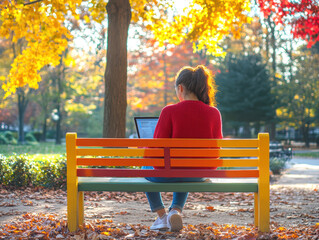 A woman sitting and typing on a laptop in an autumn park. AI generative.