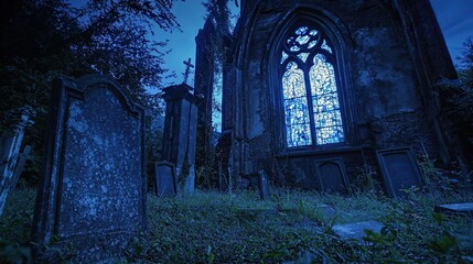 Obraz premium A dark and mysterious church in a graveyard.