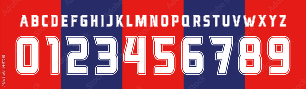 Poster bold outline sports font, blocky numbers and letters with sharp edges, ideal for team jerseys and at