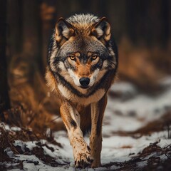 Fototapeta premium A wolf walking through the woods in the snow