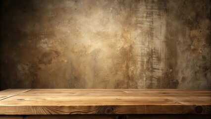 Empty rustic wooden table against a textured brown cement wall backdrop in a minimalistic setting
