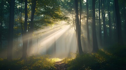 Obraz premium A tranquil forest scene with beams of sunlight filtering through tall trees, creating a serene and mystical atmosphere.