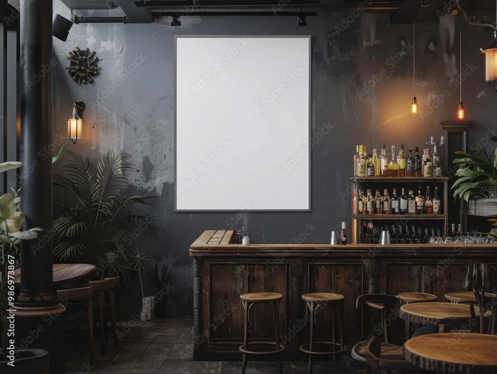Poster A rustic bar interior with a large blank canvas hanging above a wooden counter and stools.