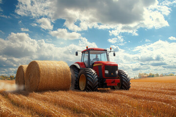 Obraz premium Red tractor working in a golden field with straw bales under a blue sky.
