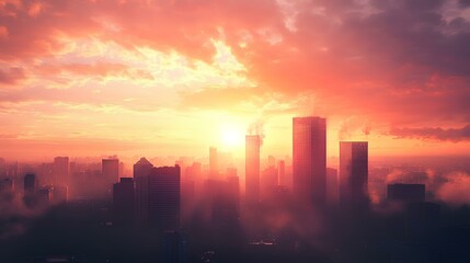 Fototapeta premium A stunning sunset over a city skyline, featuring silhouettes of skyscrapers amidst vibrant hues of orange, pink, and purple.