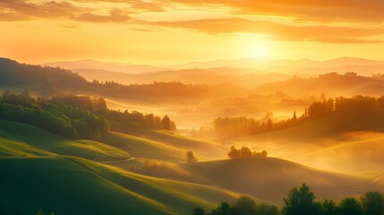 Obraz premium A stunning sunrise casts warm golden light over misty hills, creating a serene landscape filled with rolling greenery and gentle shadows.