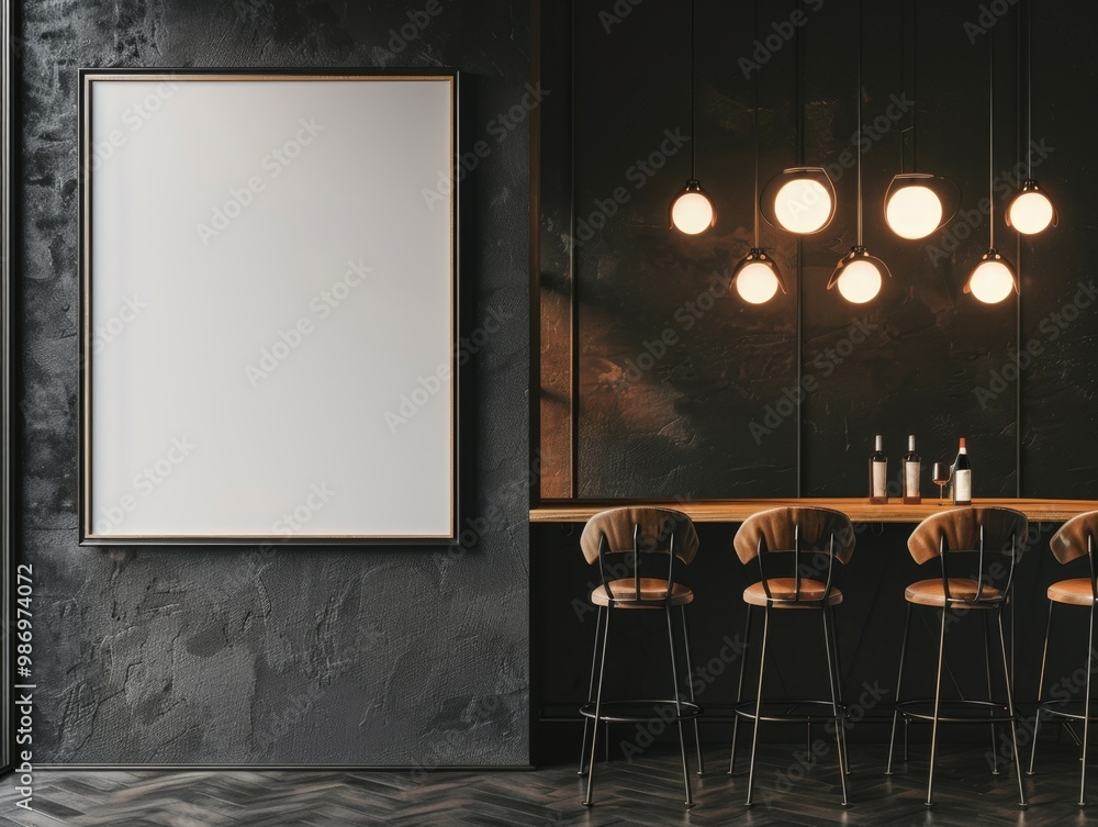 Poster a minimalist bar setting with blank canvas mockup, bar stools, and pendant lights.