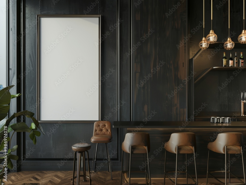 Poster An interior design scene featuring a bar counter with brown leather stools against a dark wall with a large, blank canvas hanging above.