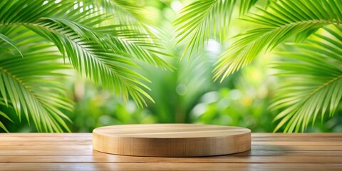 Obraz premium Wooden product display podium set against a blurred tropical palm leaves background, perfect for showcasing items in a natural setting