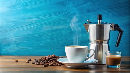 Obraz premium Geyser coffee maker with cup of espresso, milk, and beans on blue background
