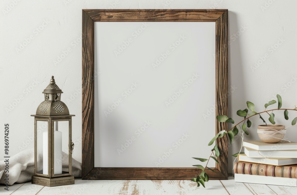 Poster a rustic wooden frame with a white background, surrounded by greenery, a vintage lantern with a cand