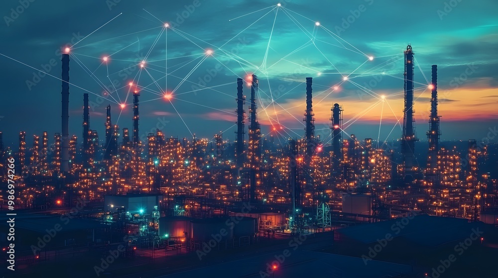 Poster a city skyline with many buildings and a network of lines connecting them. the sky is dark and the c