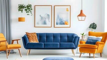 Scandinavian interior design living room featuring a blue sofa and an orange lounge chair against a white wall.