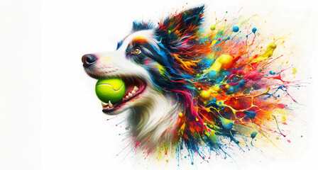 Vibrant illustration of a border collie holding a tennis ball, surrounded by a colorful explosion of paint splashes, representing energy and playfulness