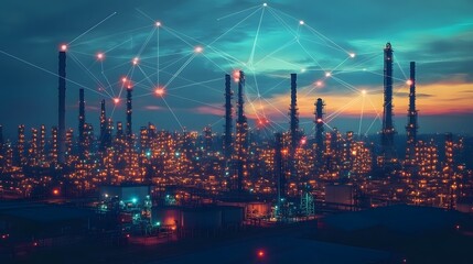 A city skyline with many buildings and a network of lines connecting them. The sky is dark and the city is lit up at night