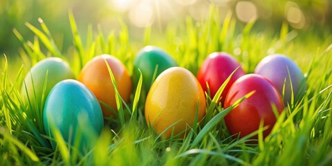 Fototapeta premium Colorful Easter eggs hidden in fresh green grass