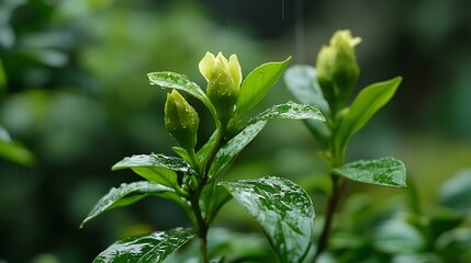 Obraz premium A close-up of green plant buds with dew drops, symbolizing growth and renewal in a lush, natural setting.