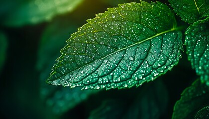 A close up of a green leaf with water droplets on it