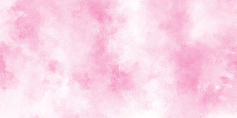 Paint leaks and ombre effects hand painted cloudy pink paper texture, Soft smeared aquarelle painted pink texture, Abstract pink sky background and white clouds on pink canvas.
