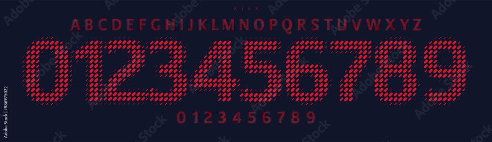 Poster dynamic dot matrix font, blending retro futuristic numbers and letters, bold eye-catching typographi