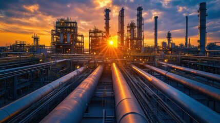 Sunset Over Industrial Pipelines and Refineries